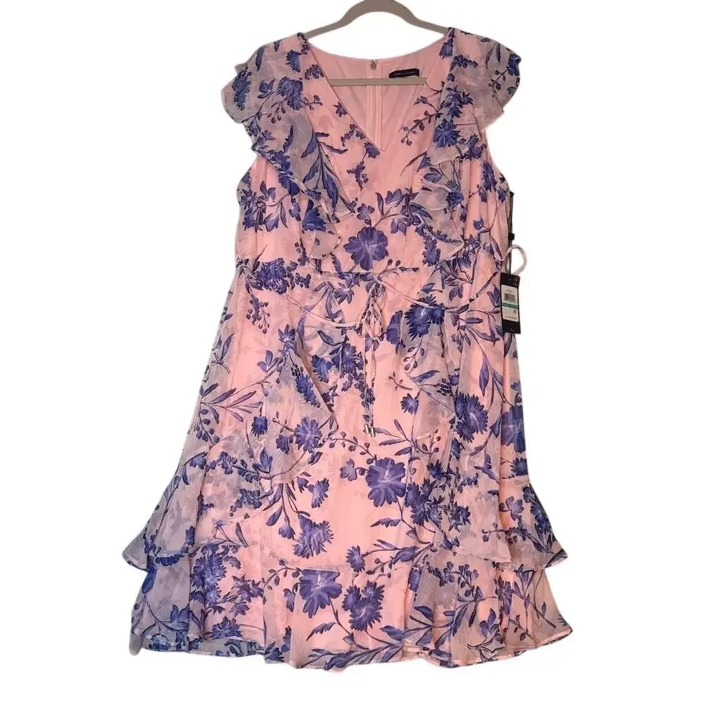 Tommy Hilfiger Floral Ruffle Chiffon Dress Pink Blue Size 16 NWT - Picture 4 of 6